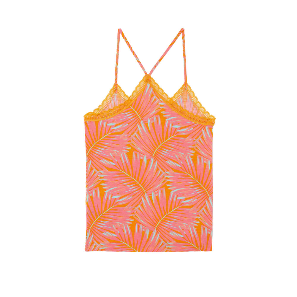 Top de punto con tirantes finos y estampado tropical - mango naranja.