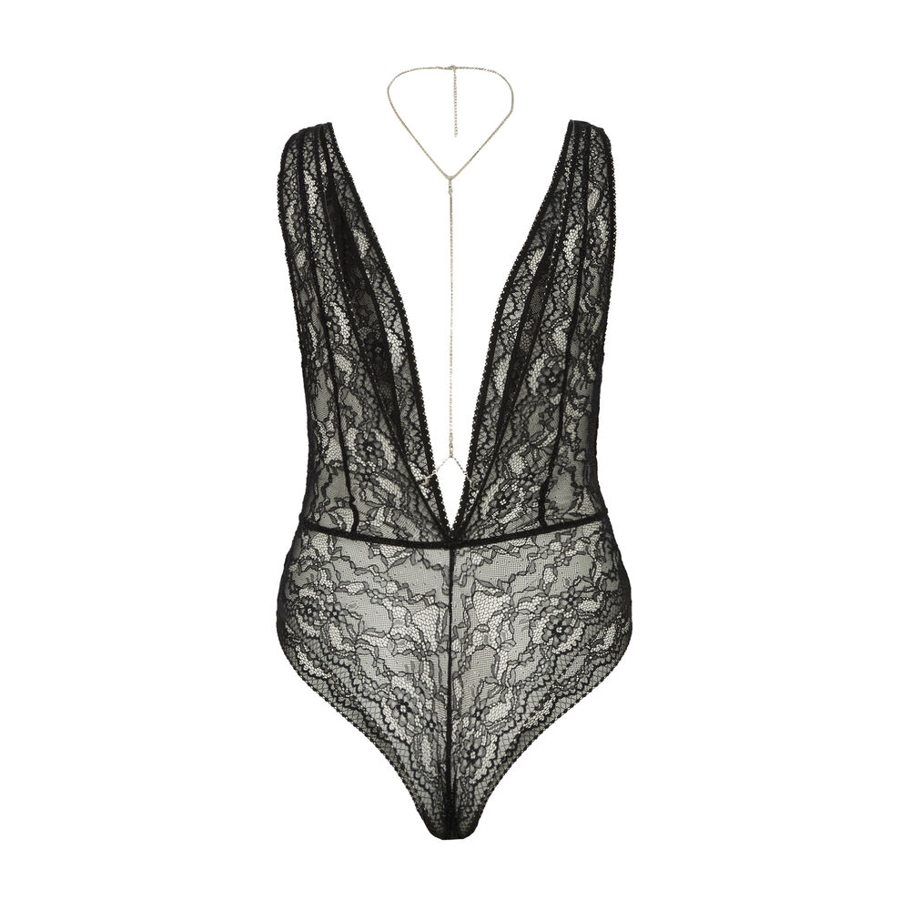 Body completamente de encaje con detalle de cadena corporal - negro negro.