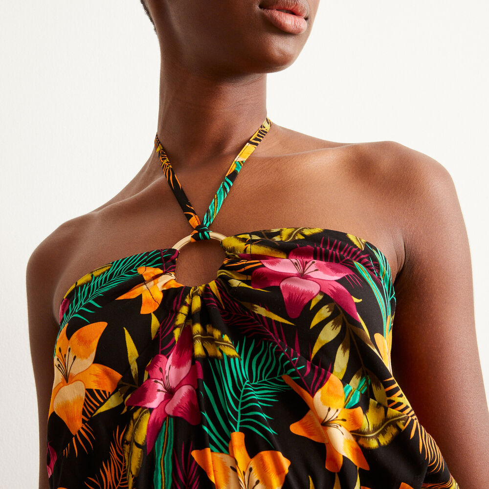 Mono con estampado de gardenias de tahití y detalle de anilla - negro negro.