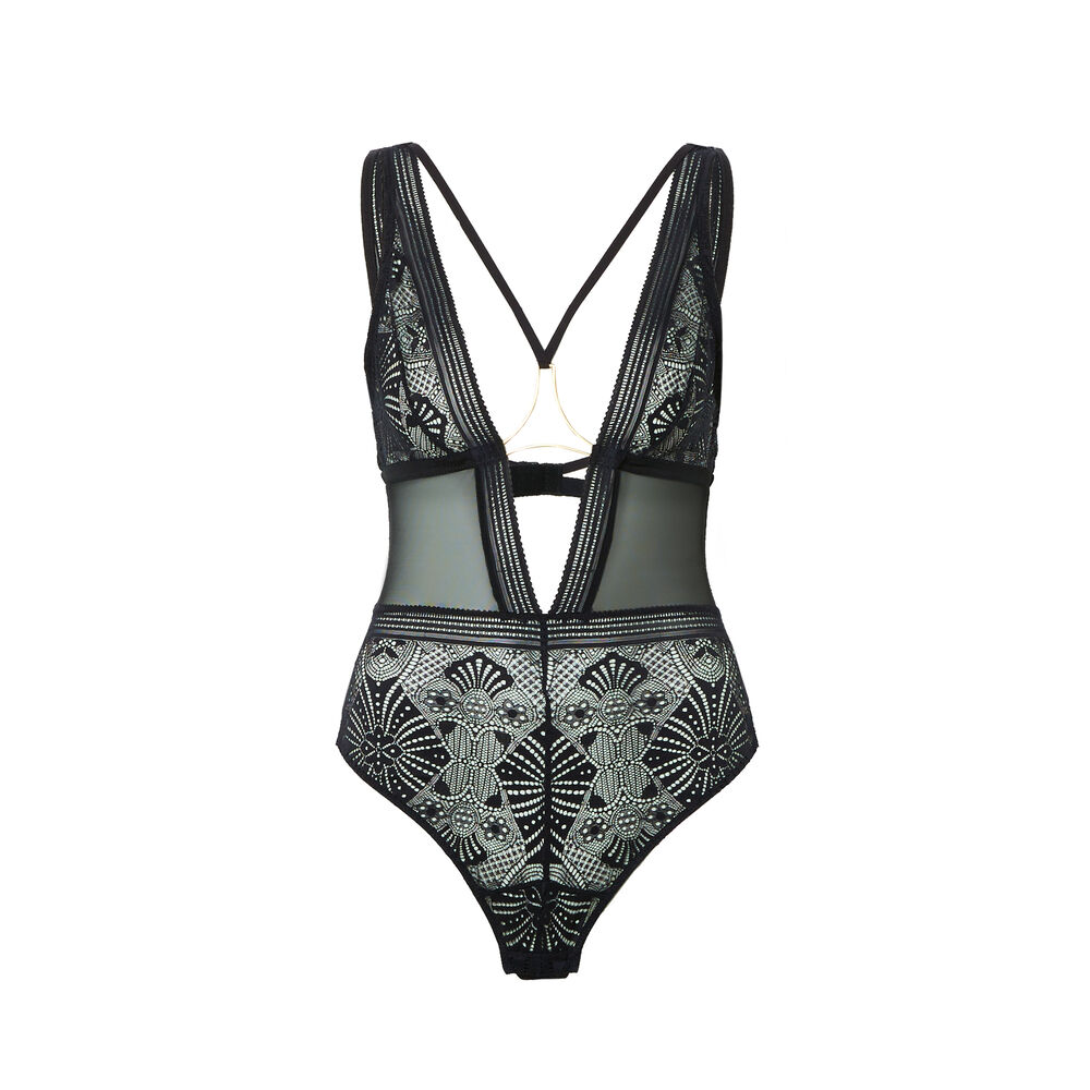 Body sin aros con detalles de lazos y joya - negro negro.