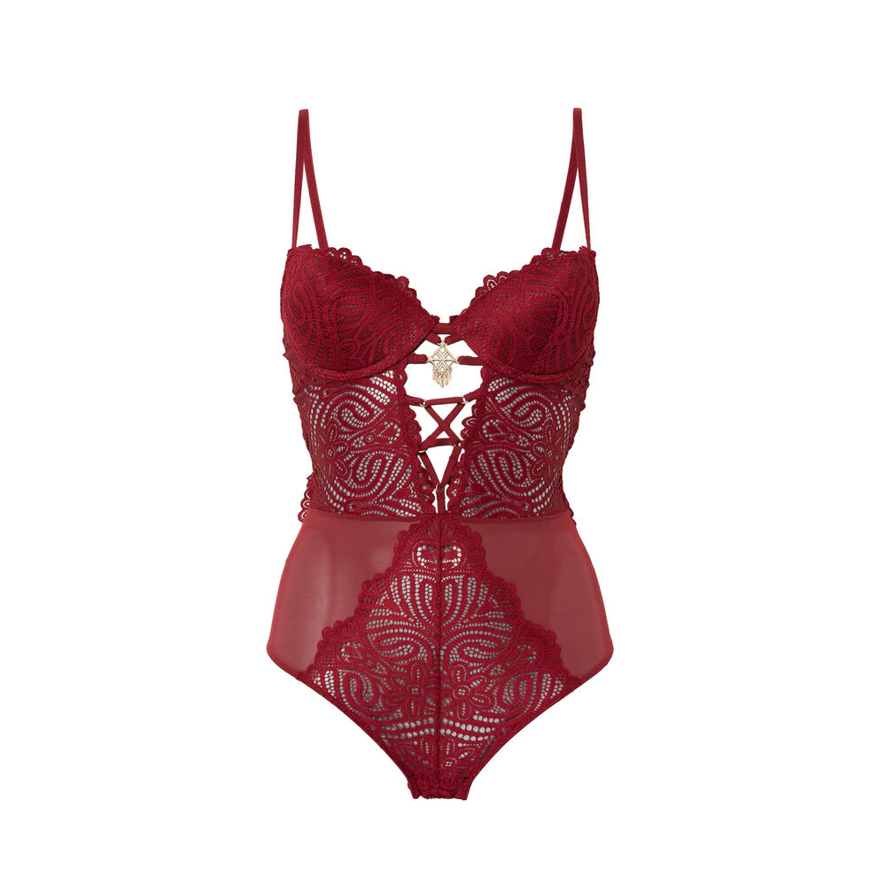 Bodi push-up con detalles de lazos y bisutería - burdeos rojo.