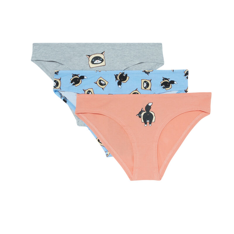 Juego de 3 braguitas con estampado tostada y gato - rosa Juego de 3 braguitas con estampado tostada y gato - rosa ;