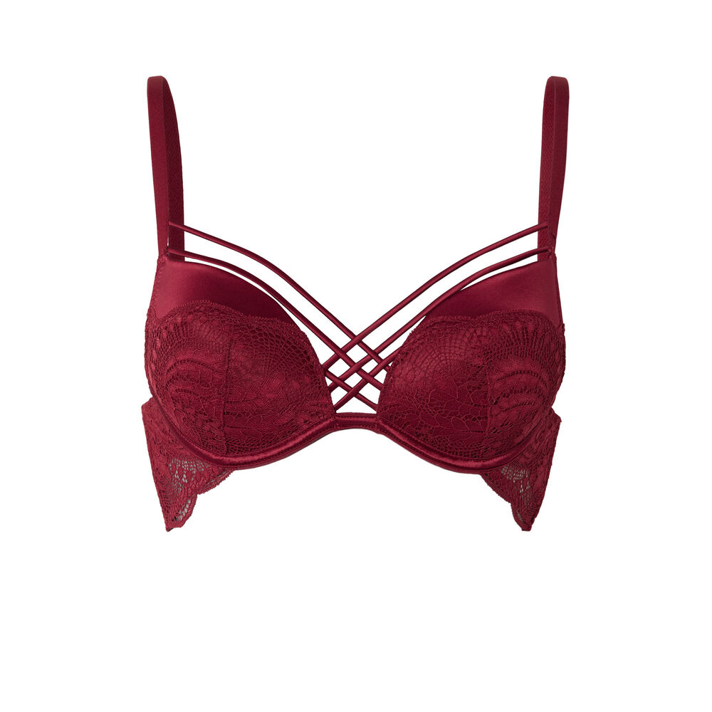 Sujetador push-up de encaje con cintas satinadas - burdeos rojo.