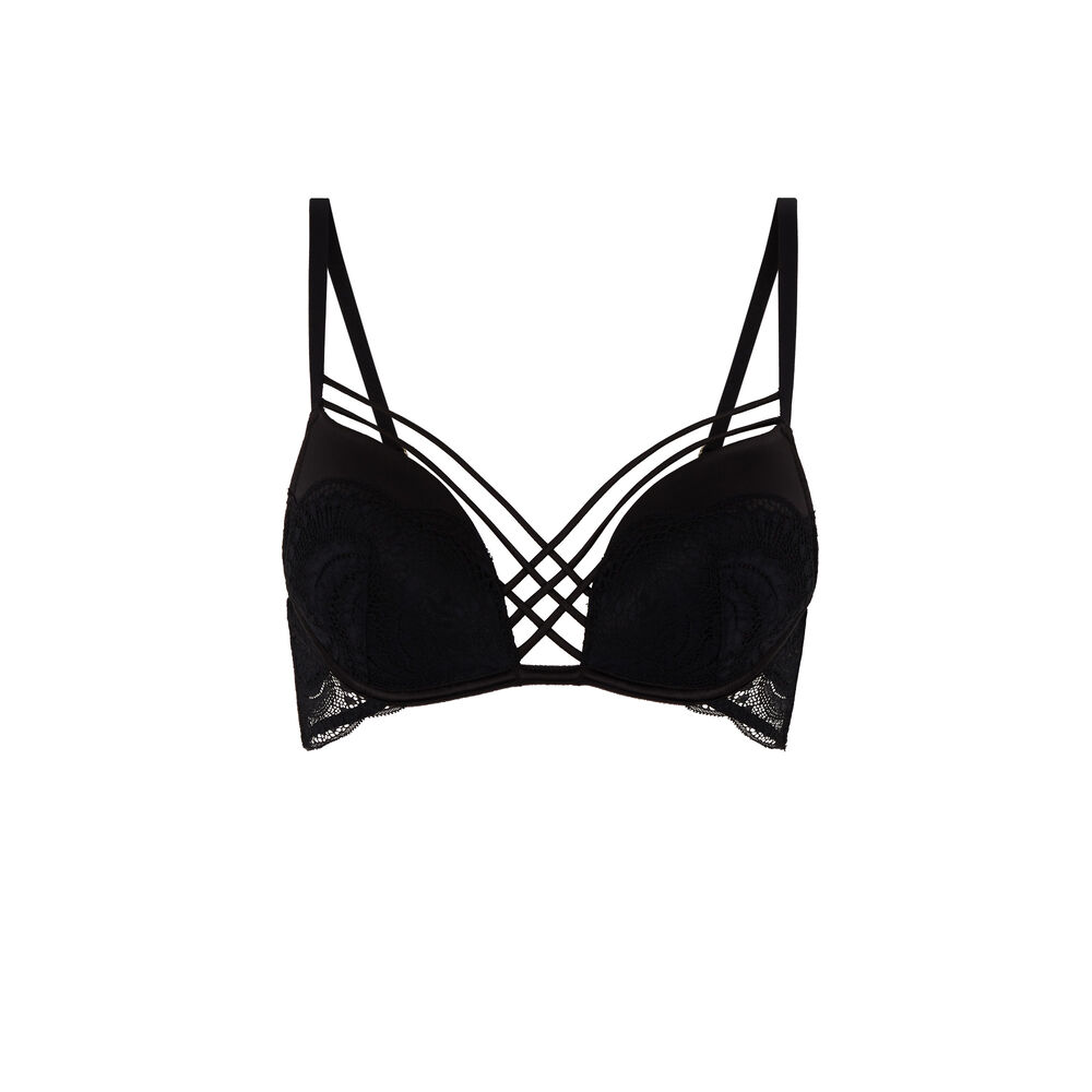 Sujetador push-up de encaje con cintas satinadas - negro negro.