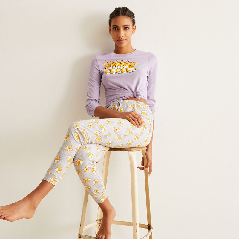 juego de pijama de manga larga con estampado de corgi - violeta juego de pijama de manga larga con estampado de corgi - violeta;