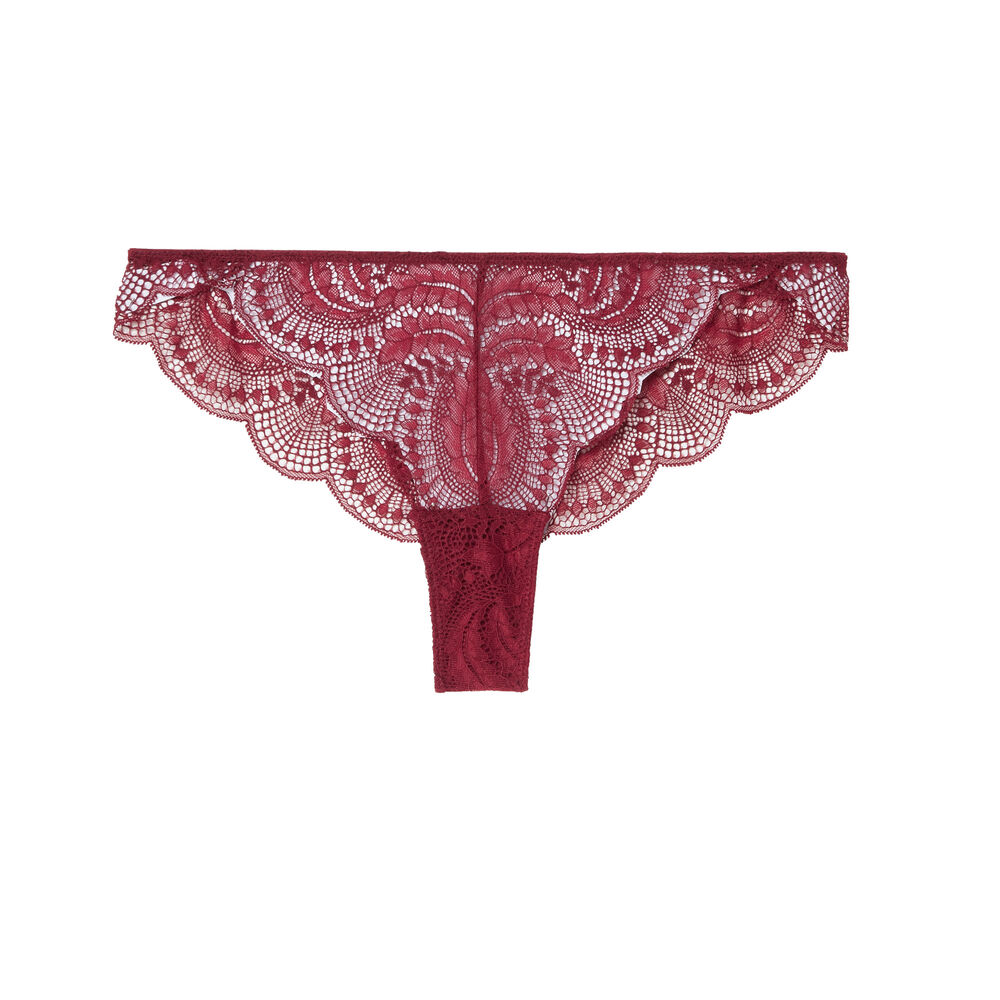 Braguita brasileña de encaje y lazos satinados - burdeos rojo.