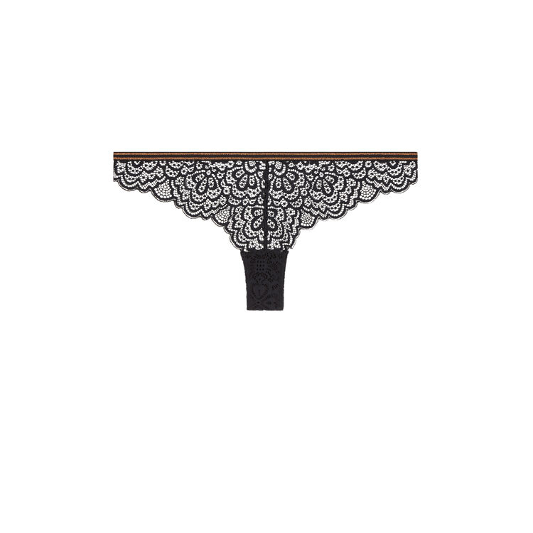 Tanga de encaje con detalle de tira de lurexbandiz negro.