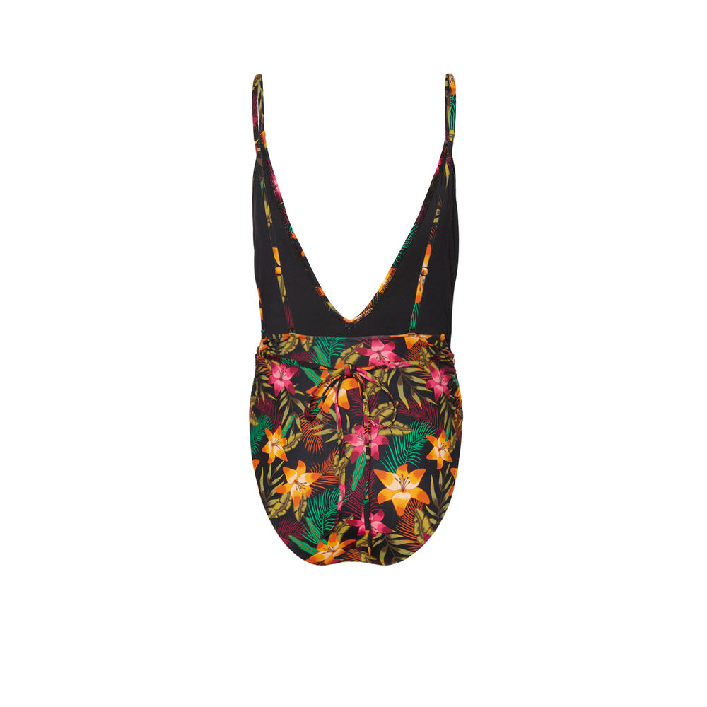 Bañador de una pieza con estampado tropical y detalles de lazos - negro negro.