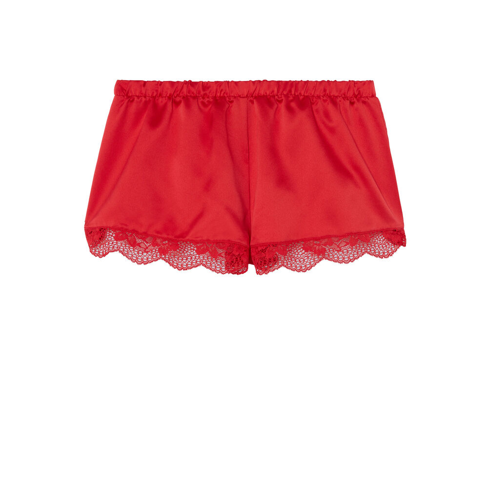 Shorts satinados con bordes de encaje - rojo rojo.