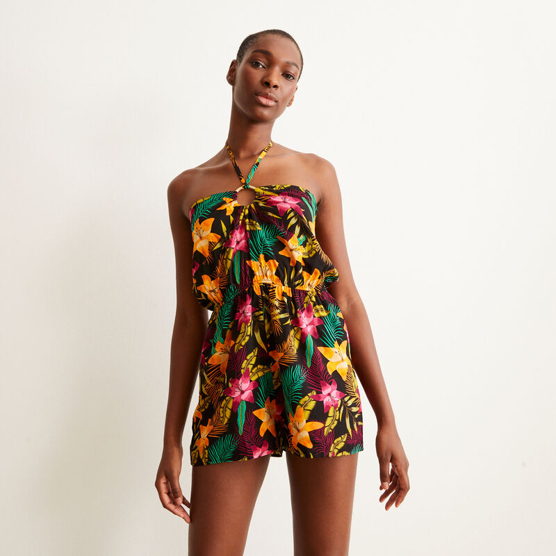 mono con estampado de gardenias de Tahití y detalle de anilla - negro mono con estampado de gardenias de Tahití y detalle de anilla - negro;