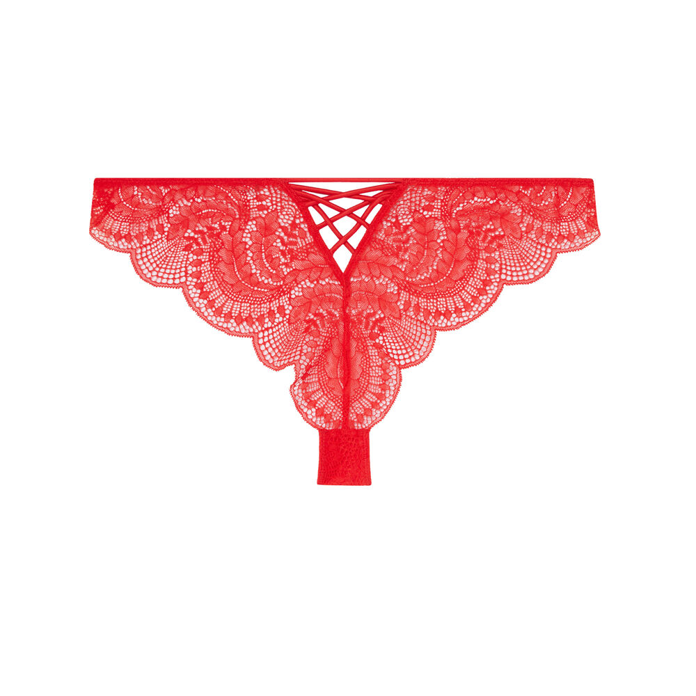 Braguita brasileña de encaje y lazos satinados - rojo rojo.