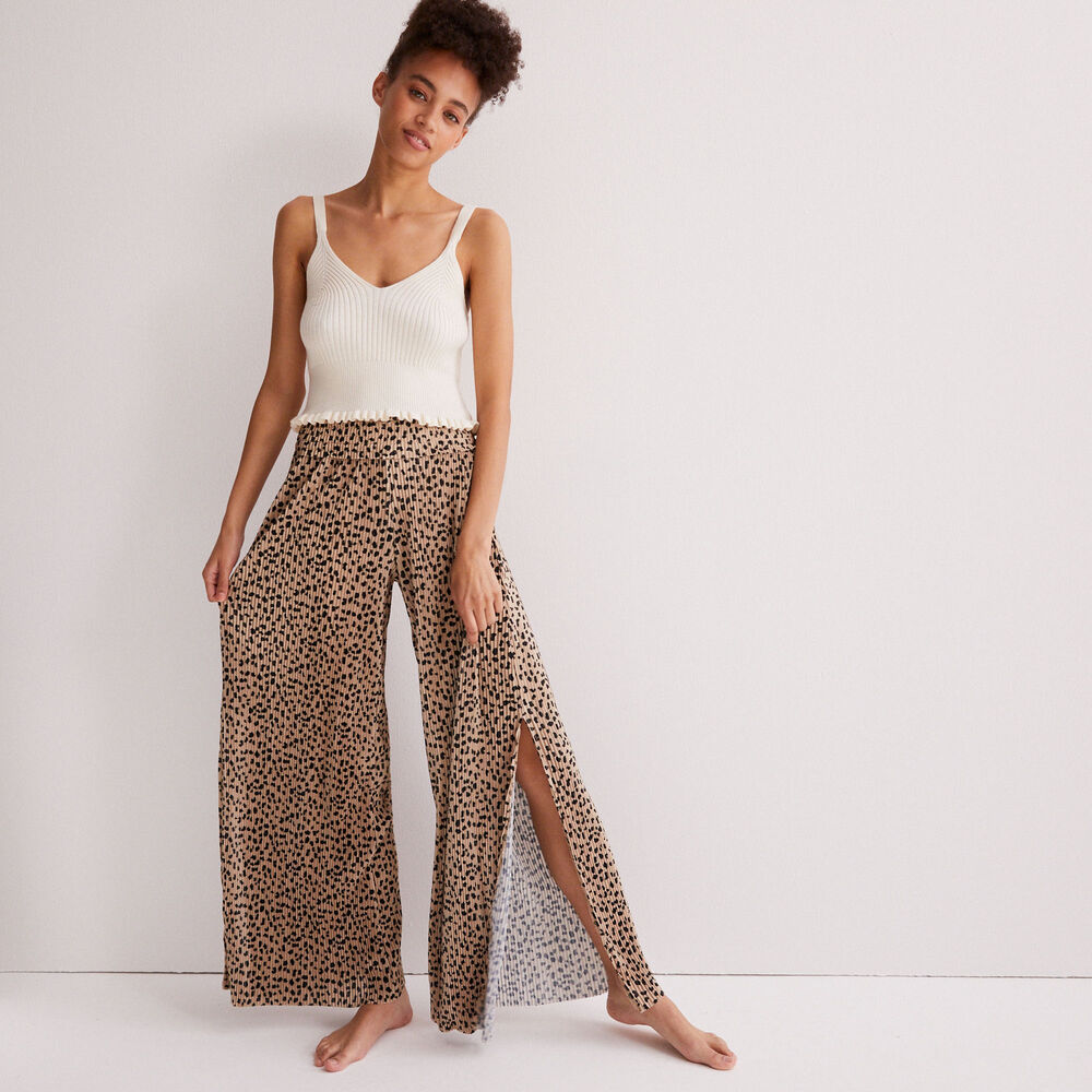 Pantalón ancho abierto con estampado de leopardo - beige beige.