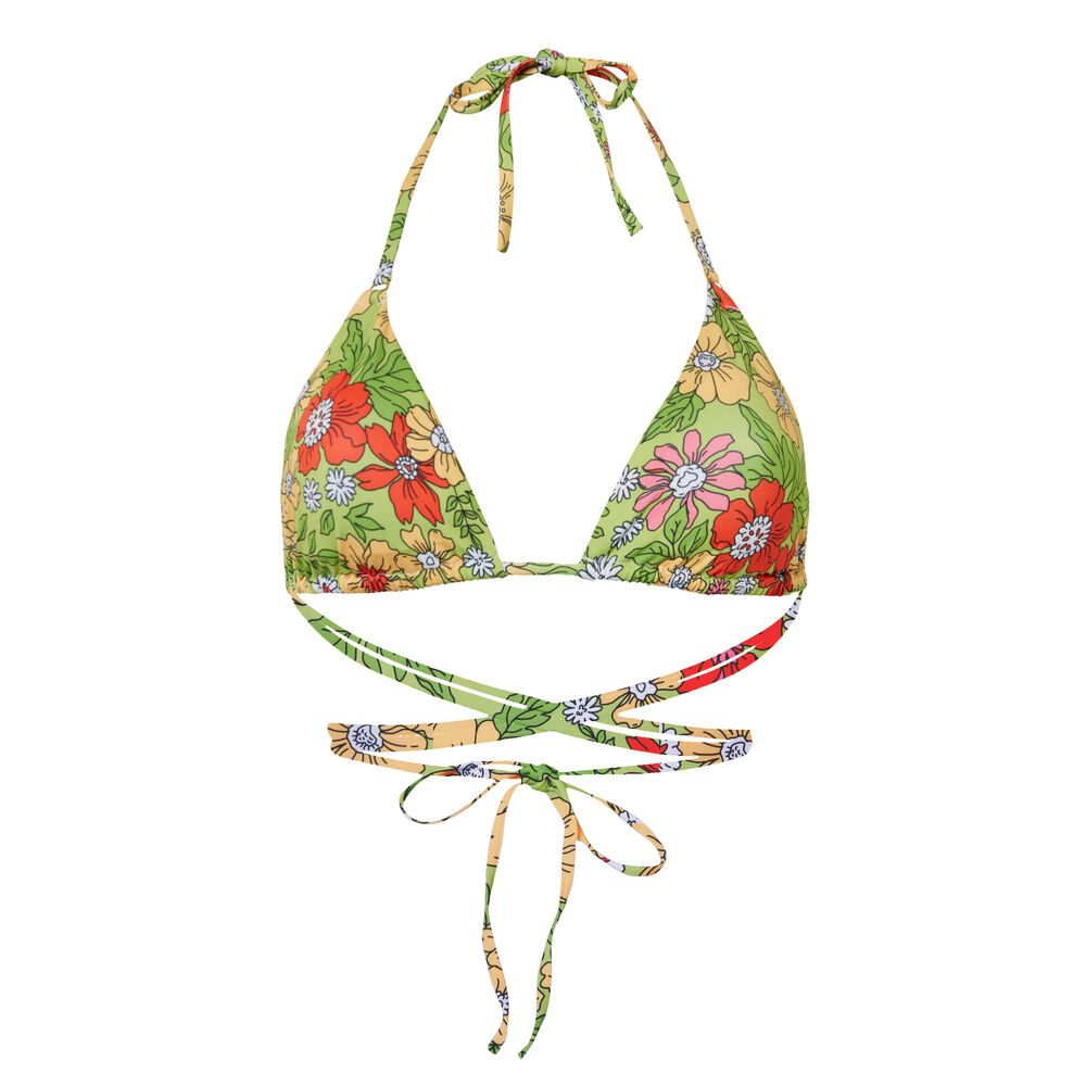 Parte de arriba de bikini triángulo de flores y doble vuelta - verde verde.