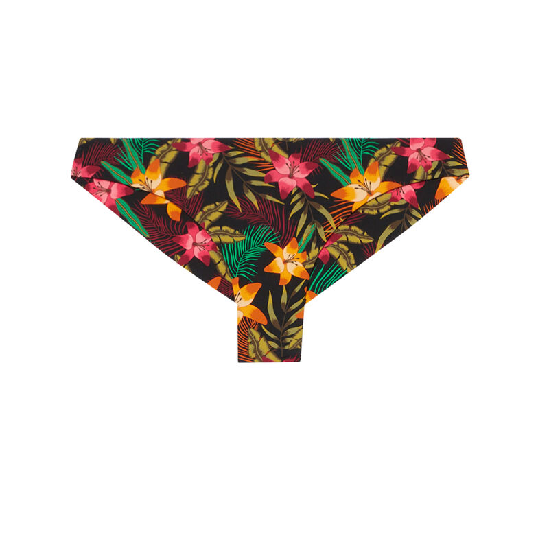 Parte de abajo de bikini braguita brasileña con estampado de flores de tiaré - negra Parte de abajo de bikini braguita brasileña con estampado de flores de tiaré - negra;