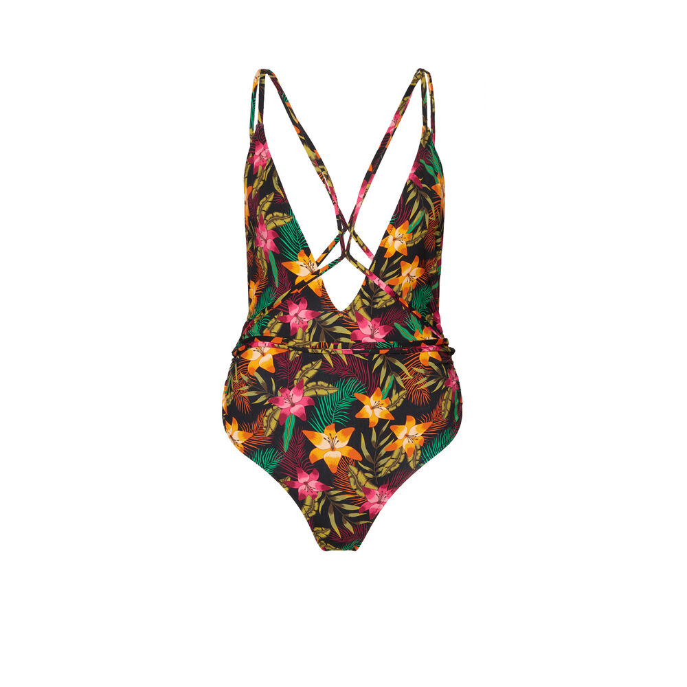Bañador de una pieza con estampado tropical y detalles de lazos - negro negro.