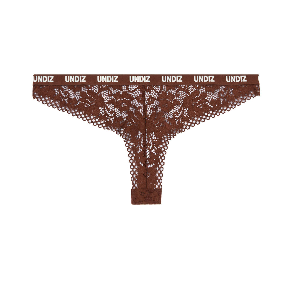 Tanga en dentelle et résille détail élastique - marron marron.