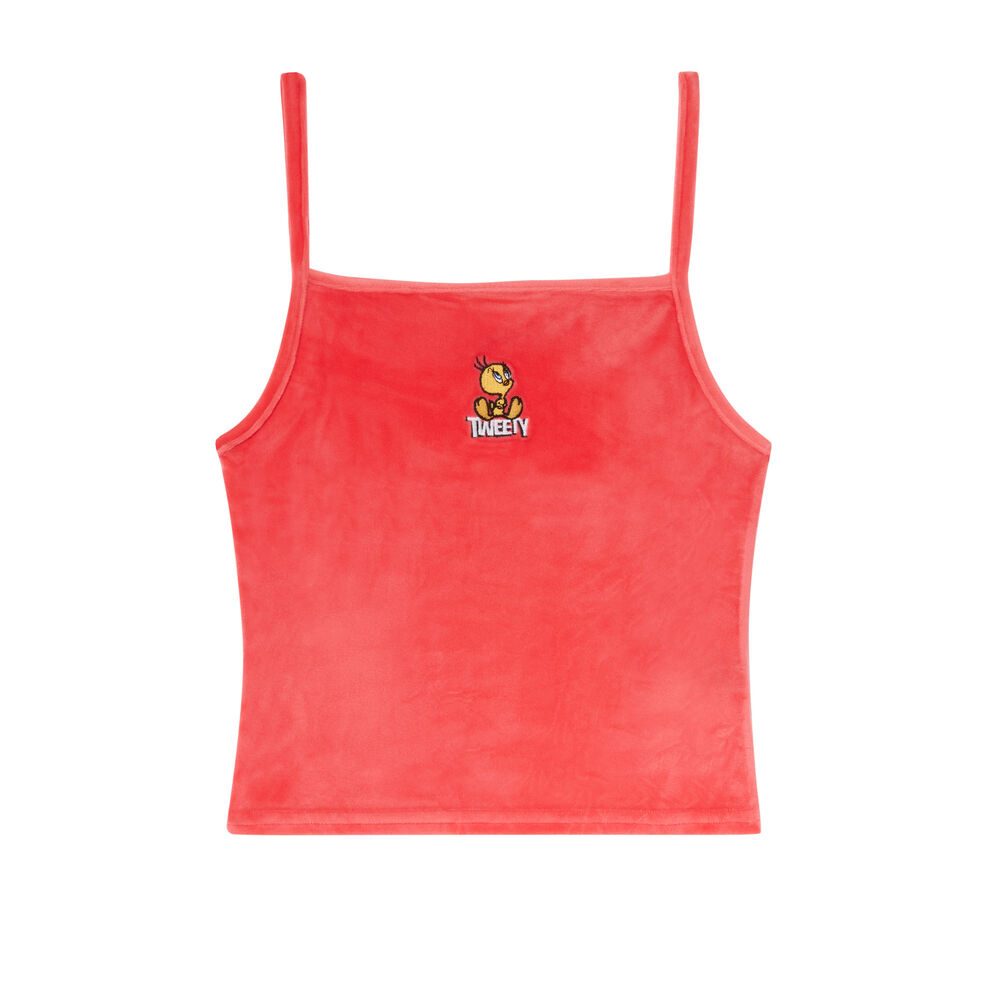 Parte de arriba de terciopelo con estampado de titi - coral coral.