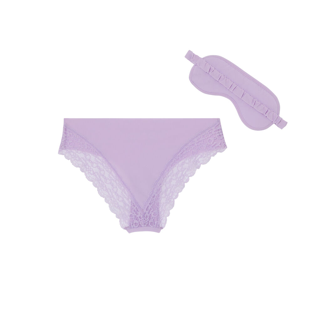 Juego de antifaz y braguita con estampado de texto - lila morado.