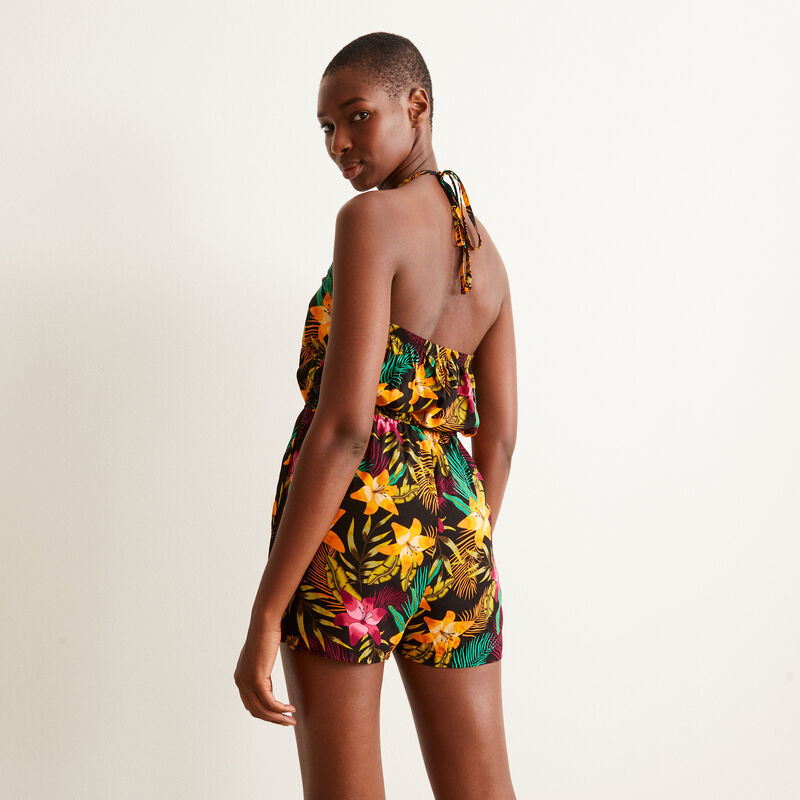 mono con estampado de gardenias de Tahití y detalle de anilla - negro mono con estampado de gardenias de Tahití y detalle de anilla - negro;