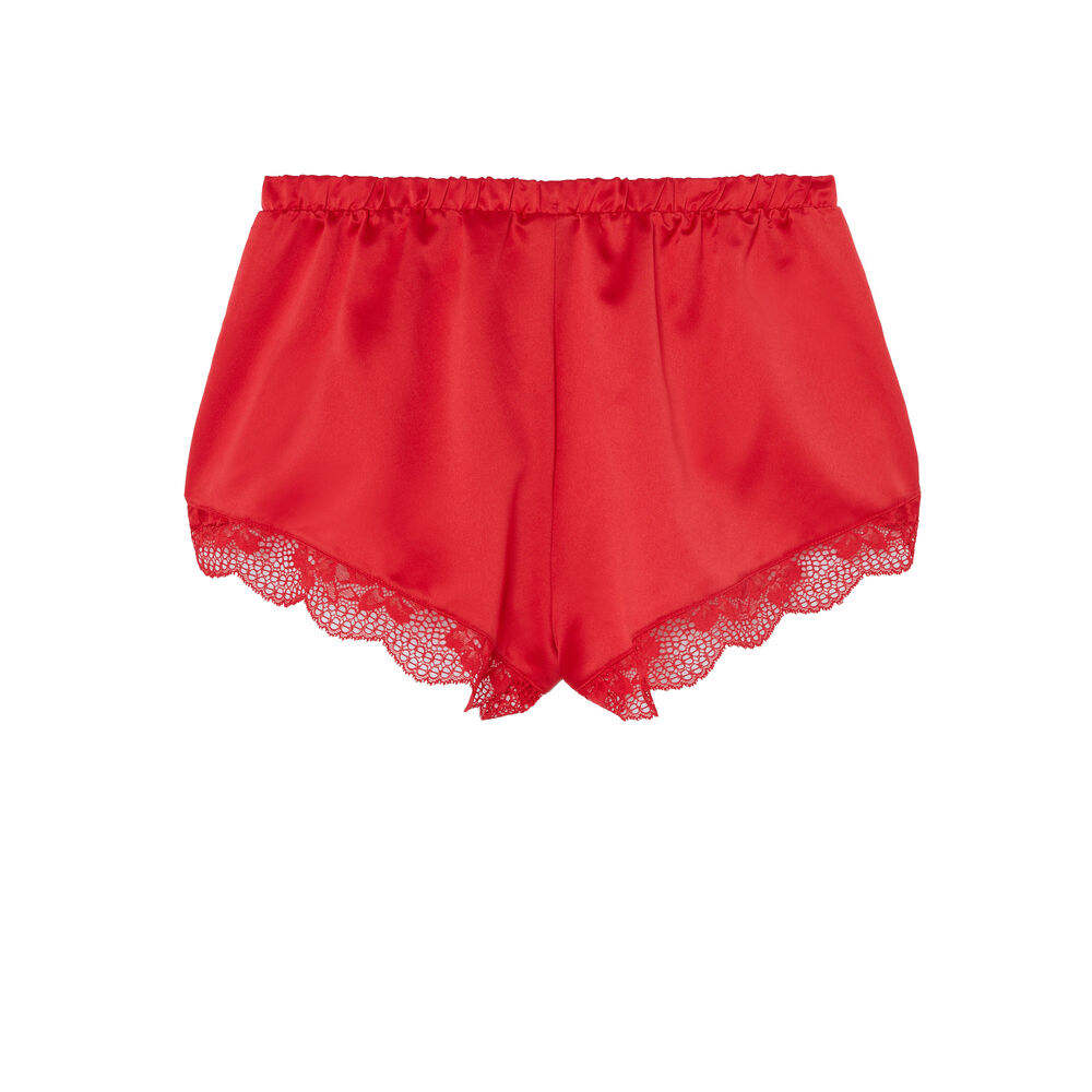 Shorts satinados con bordes de encaje - rojo rojo.