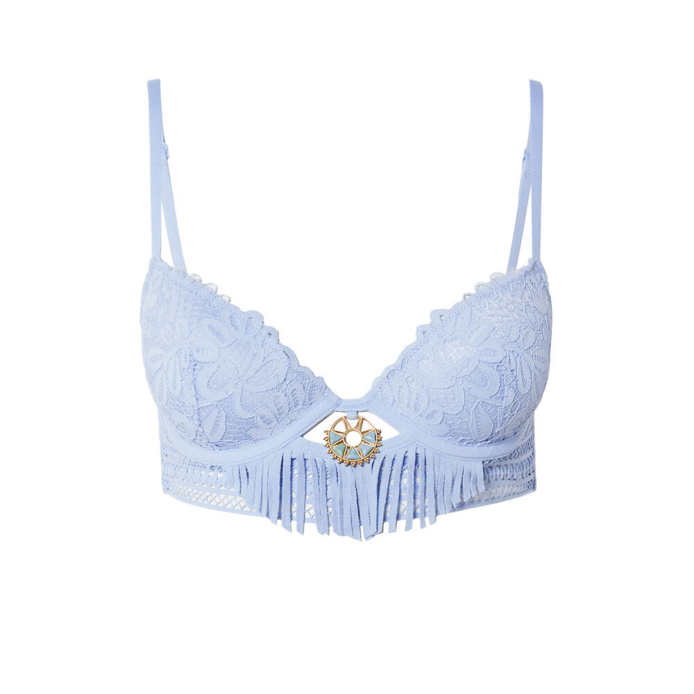 Sujetador push-up de encaje azteca con flecos - azul azul.