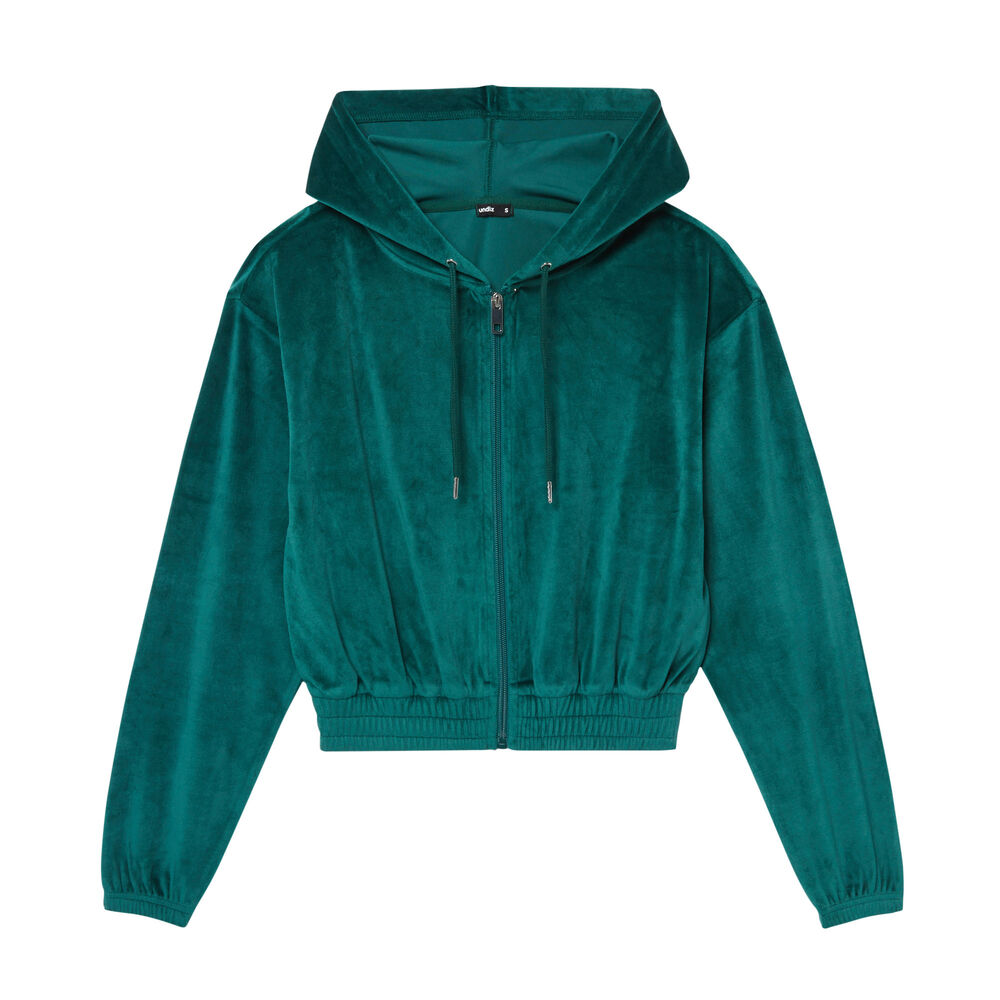 Chaqueta crop de terciopelo con talle elástico - verde pino verde.