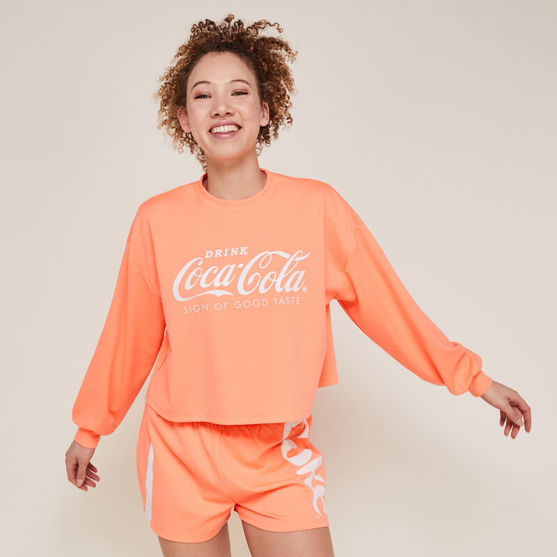 Sudadera con cuello redondo de coca-cola color coral fluorescente Sudadera con cuello redondo de coca-cola color coral fluorescente;