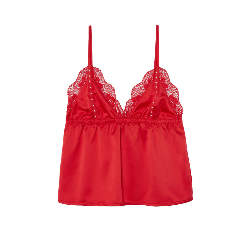 Top satinado con bordes de encaje - rojo rojo.
