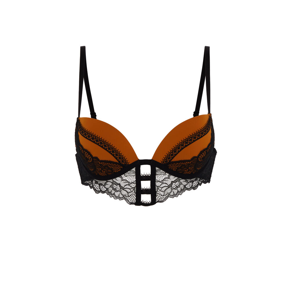 Sujetador push-up de microfibra y encaje - negro y beige marrón.