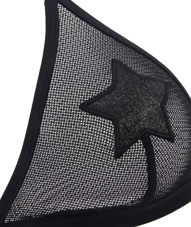 Sujetador negro triangular sin aros con detalle de estrellas cabariz negro.