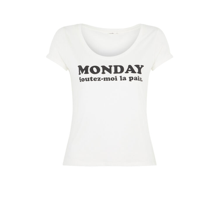 Top de punto con mensaje bemondayiz blanco roto.