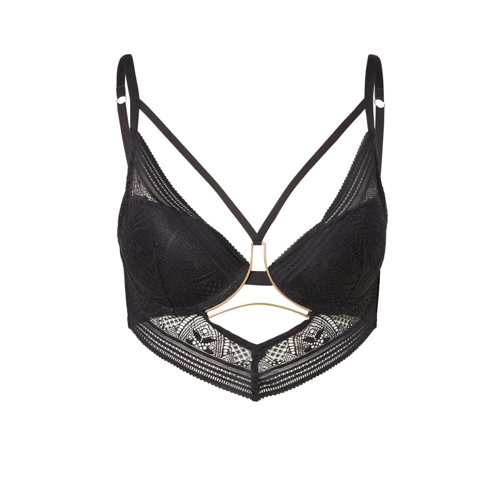 Sujetador push-up con detalles de lazos y joya - negro negro.