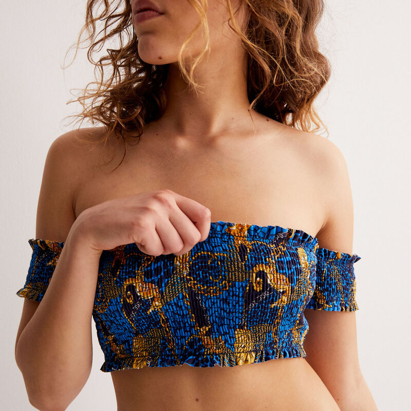 Parte de arriba de bikini plisada de un hombro con motivo de conchas - azul Parte de arriba de bikini plisada de un hombro con motivo de conchas - azul;