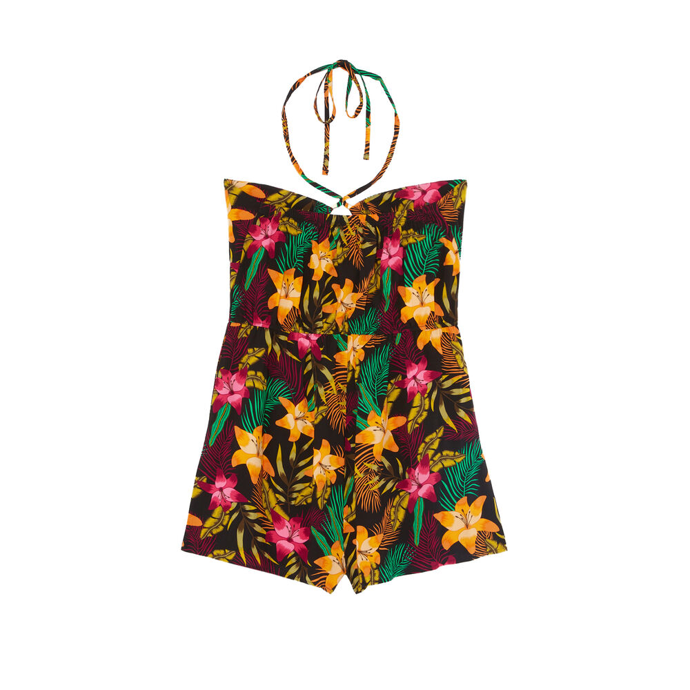 Mono con estampado de gardenias de tahití y detalle de anilla - negro negro.