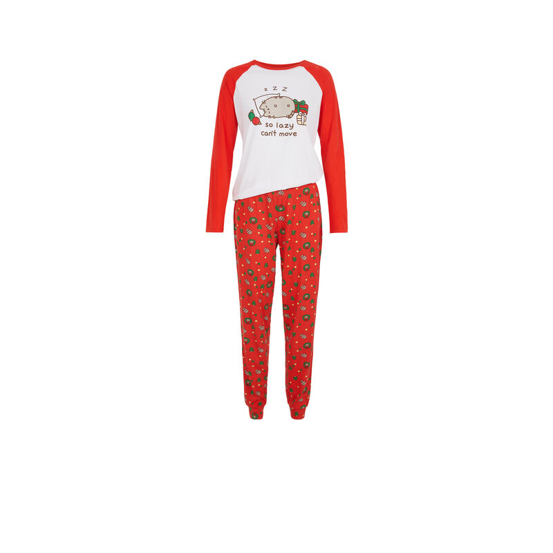 Conjunto de pijama top + pantalón estampado pusheen interpusheenaniz blanco.