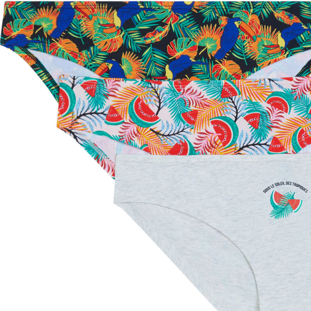 Juego de 3 braguitas con estampado tropical gris gris.