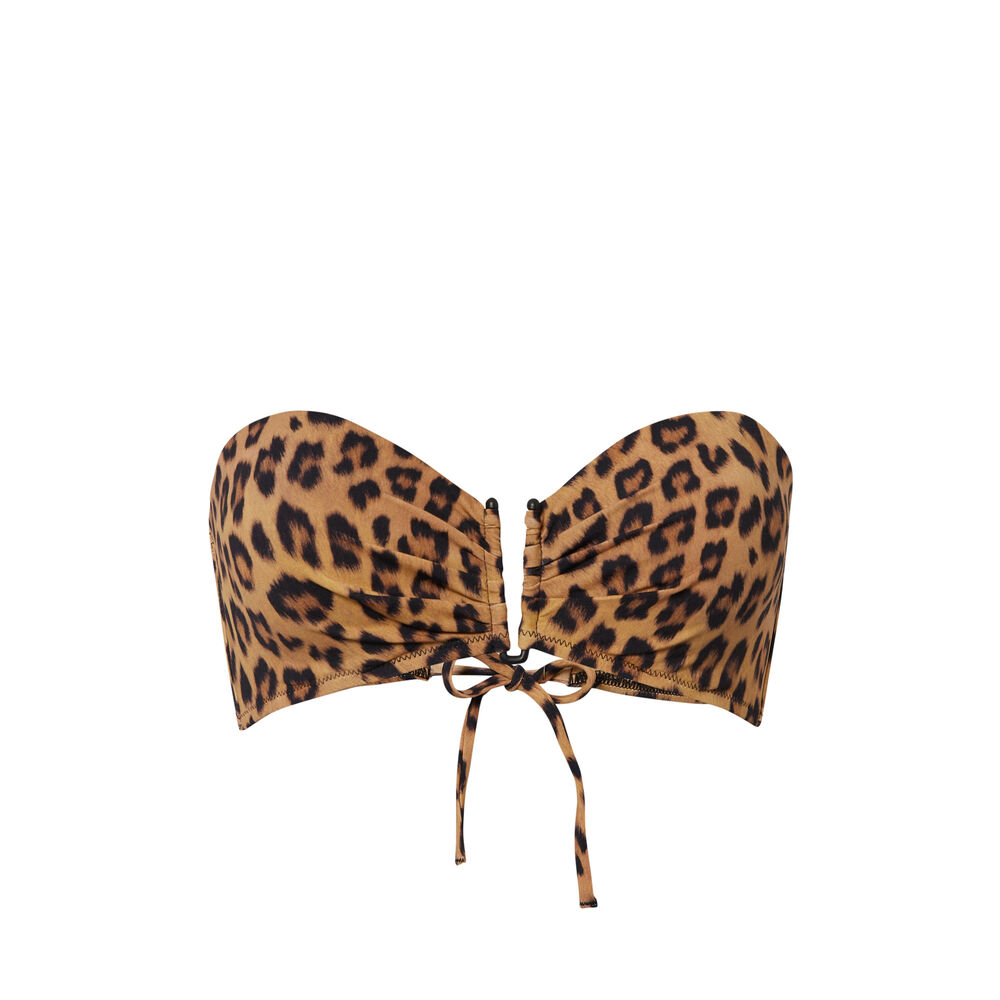 Parte de arriba de bikini bandeau con estampado de leopardo - marrón marrón.