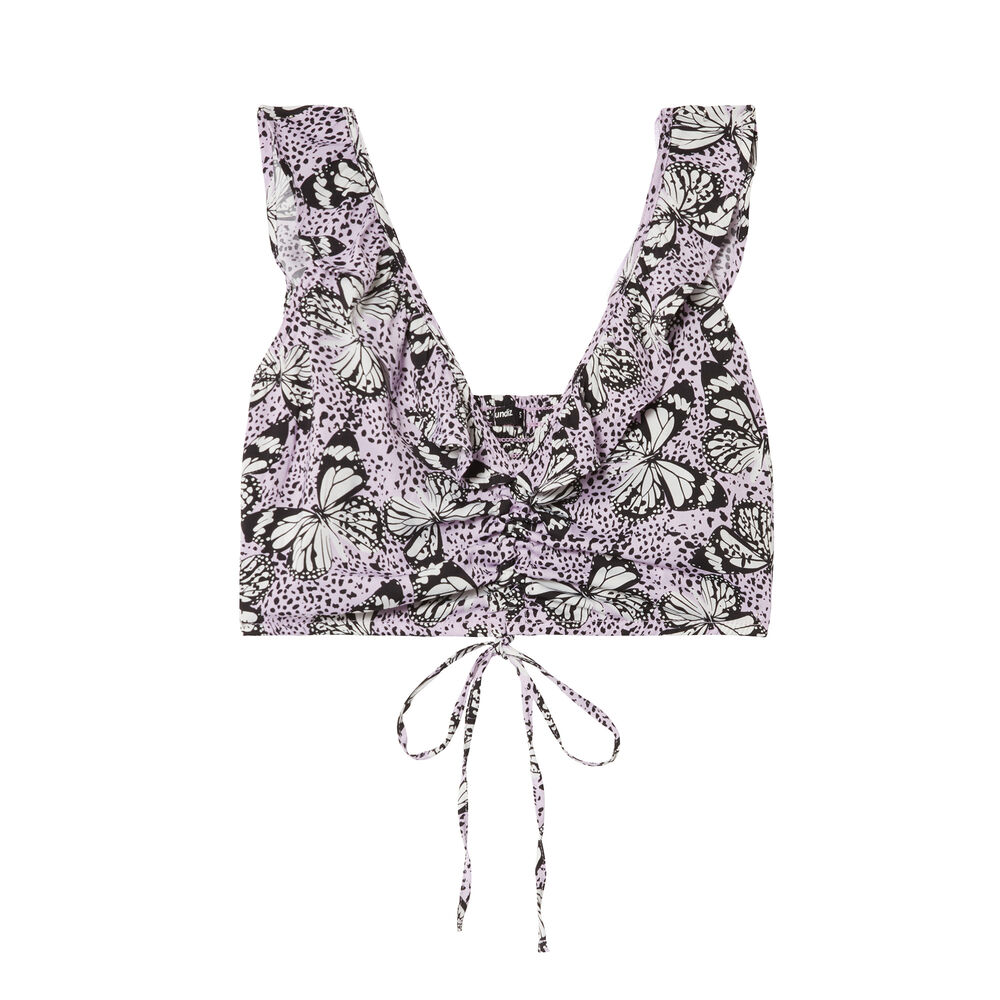Crop top anudado en los hombros con volantes y estampados de mariposas - morado violeta.