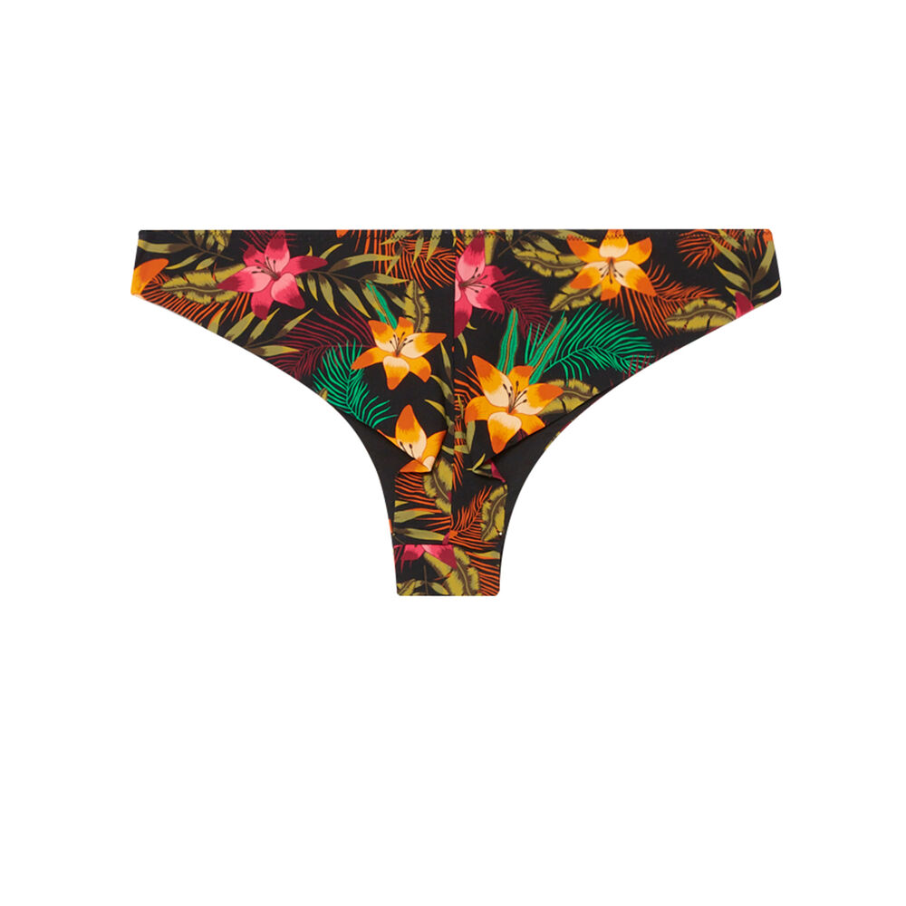 Parte de abajo de bikini braguita brasileña con estampado de flores de tiaré - negra negro.