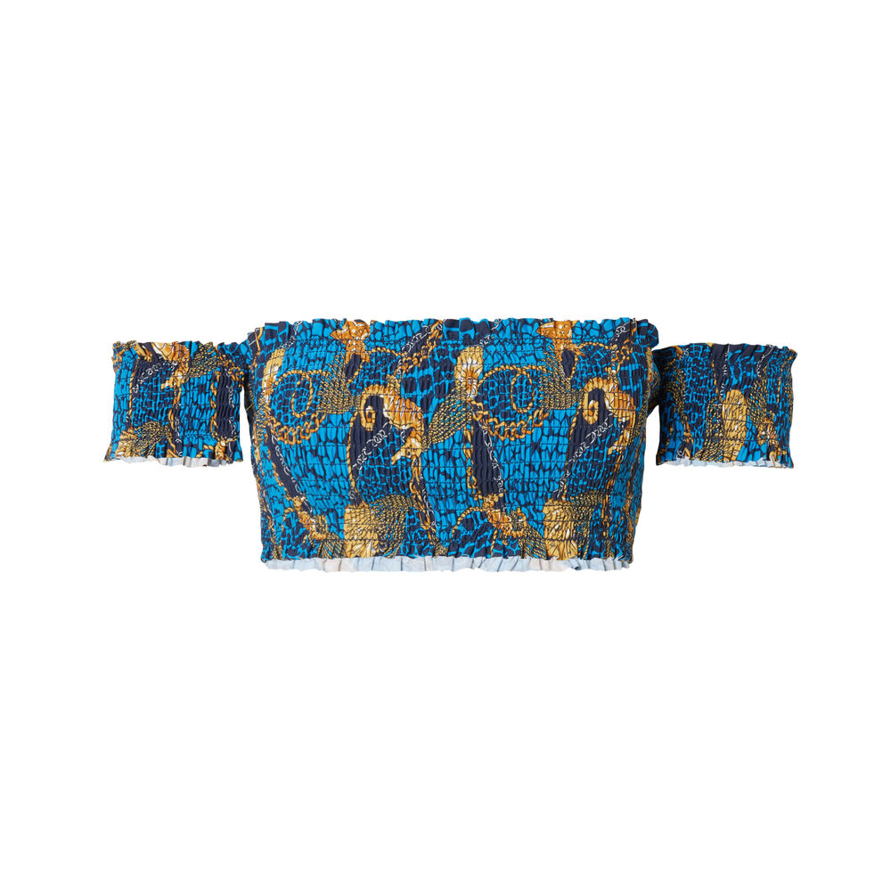 Parte de arriba de bikini plisada de un hombro con motivo de conchas - azul azul.