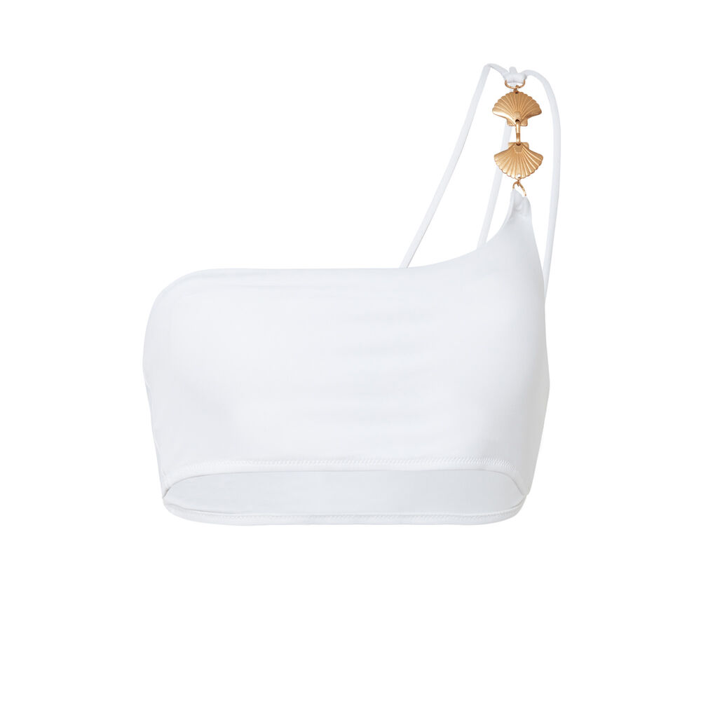 Parte de arriba de bikini asimétrica con tirante y joya de concha - blanco blanco.
