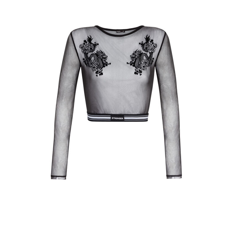 Top matière mesh détail broderie dragoniz noir.