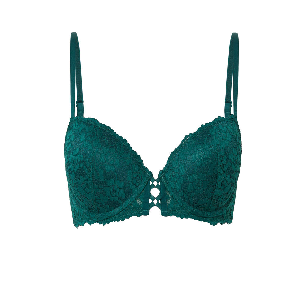 Sujetador push-up con encaje de flores - verde pino verde.