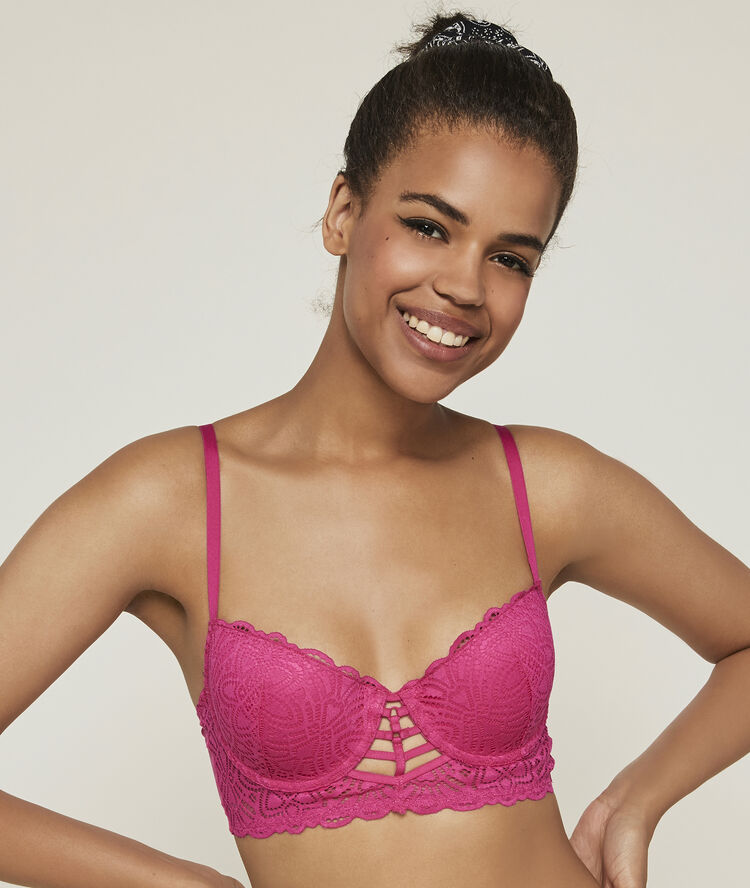Sujetador corpiño push-up de encaje y cintas marceliz fucsia.
