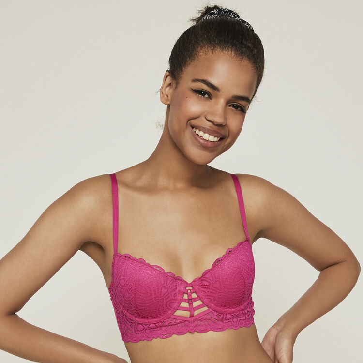 Sujetador corpiño push-up de encaje y cintas marceliz fucsia.