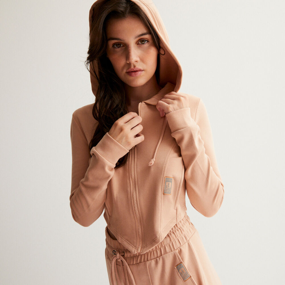 Chaqueta crop efecto corsé escotado con la espalda recta - nude beige.