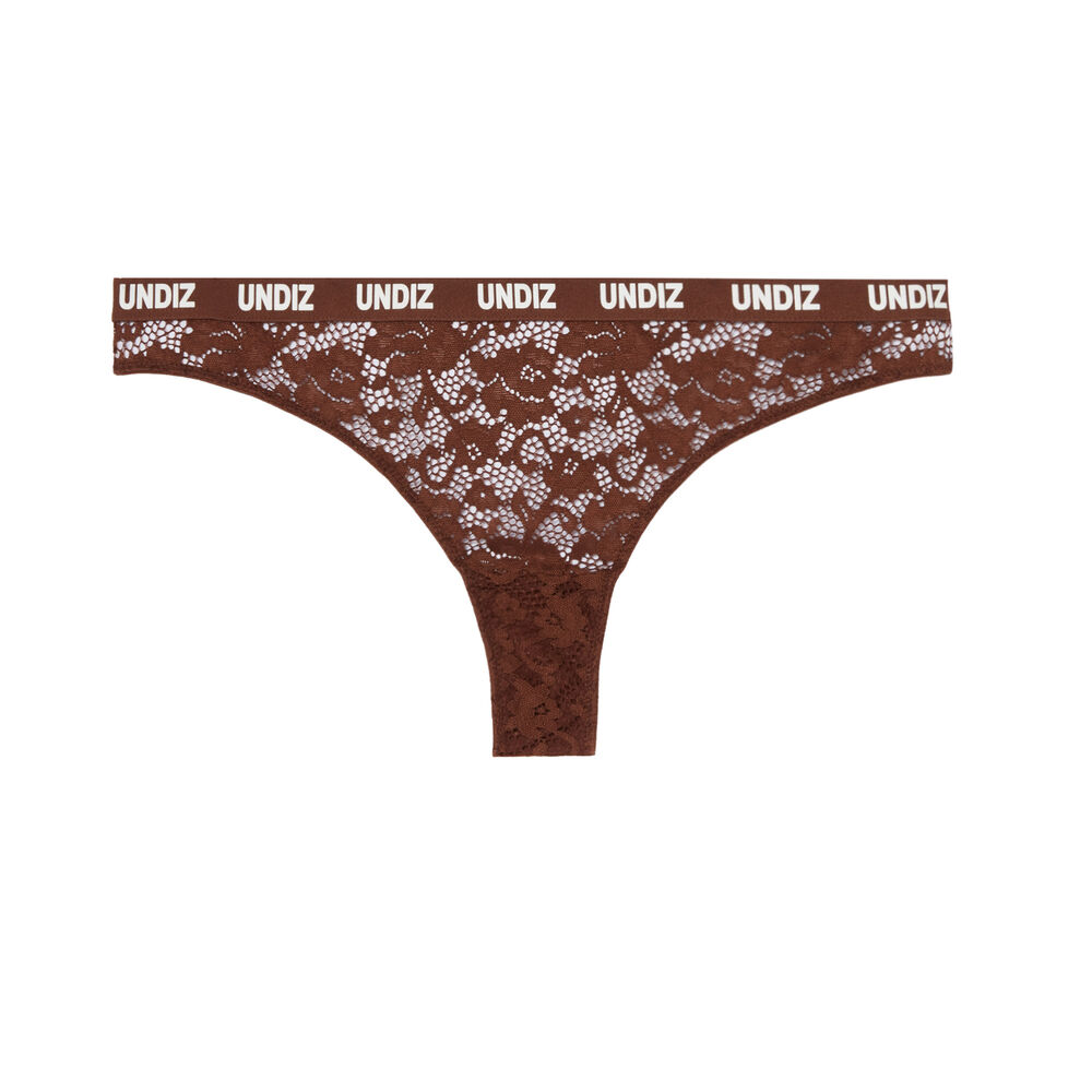Tanga en dentelle et résille détail élastique - marron marron.