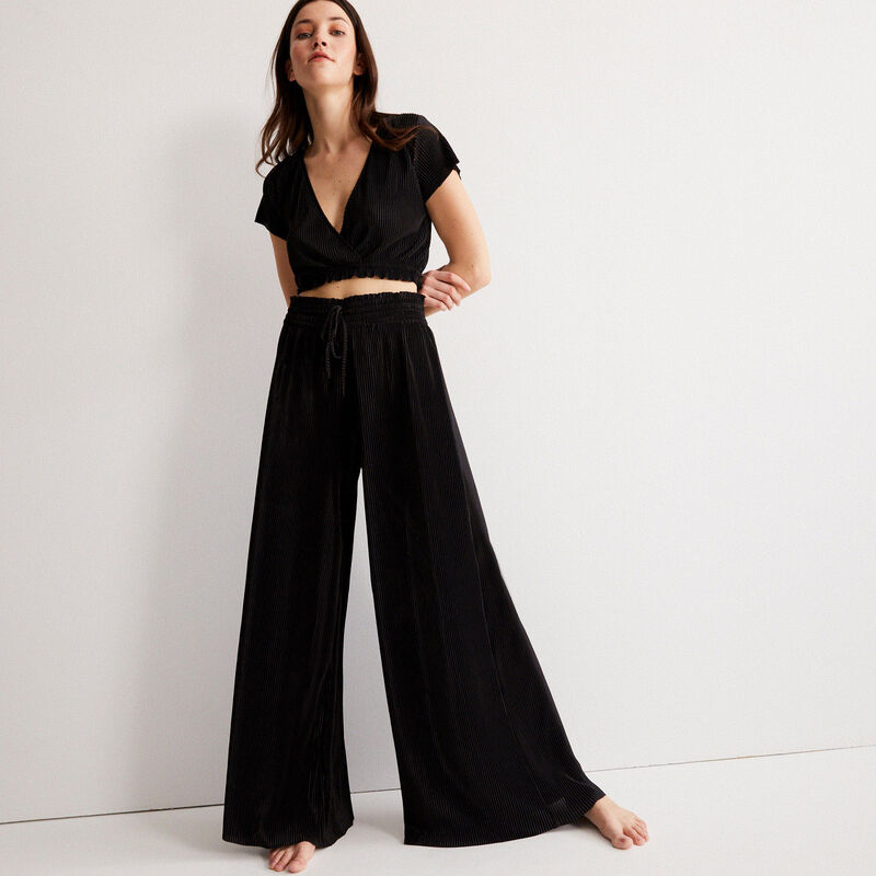 pantalón plisado con elástico fruncido - negro pantalón plisado con elástico fruncido - negro;