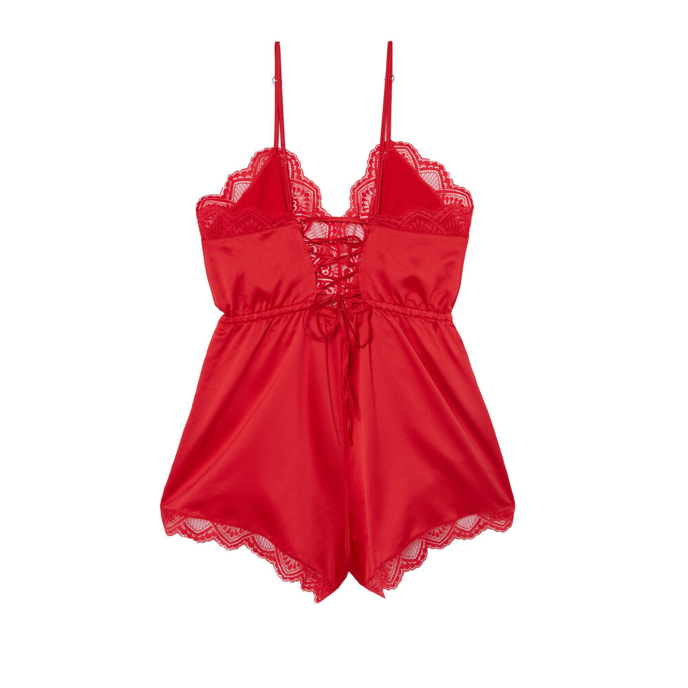Mono corto satinado de encaje con espalda entrelazada - rojo rojo.