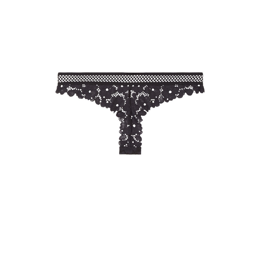 Braguita brasileña de encaje con flores y rejilla - negra negro.